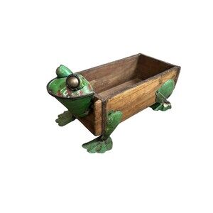 Frog Brick Wood & Metal Storage Planter Herb Soap Toilet Roll Box Recycled Metal